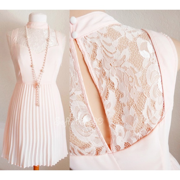 Fury Dresses & Skirts - Pale Pink Lace Inset Mock Neck Knife Pleated Dress